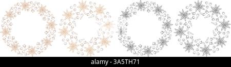 Allspice Star anis clou de girofle circulaire cadre bordure de vin chaud épices Copyspace modèle idée Set 4. Illustration vectorielle isolée cartes thématiques, affiche ou bannière promotionnelle web, dépliant, étiquette de prix, étiquette Illustration de Vecteur