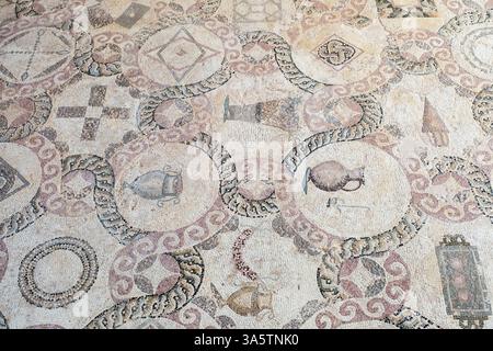 Maison de Dionysos, Paphos, Chypre : salle 7 mosaïque géométrique, sol mosaïque avec des motifs géométriques et des objets de la vie quotidienne. Banque D'Images