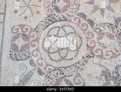 Maison de Dionysos, Paphos, Chypre : salle 7 mosaïque géométrique, sol mosaïque avec des motifs géométriques et des objets de la vie quotidienne. Banque D'Images