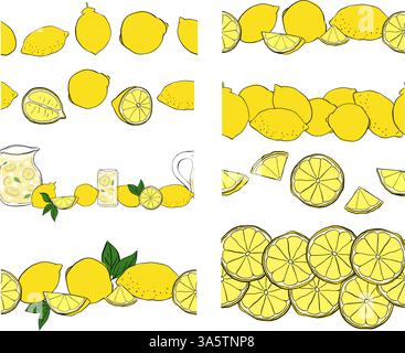 ensemble de bordure sans couture de citron, cadre de fruits, élément exotique d'agrumes pour le design, espace pour le texte, limonade. Bordure horizontale transparente de l'encre de ligne graphique vectorielle Illustration de Vecteur
