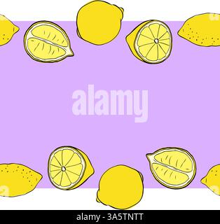 Citrons entiers et coupés cadre de bordure horizontale sans couture. Vecteur d'encre graphique Citrus Lemons Line jaune Conception pour menu, paquet, cosmétique, t Illustration de Vecteur