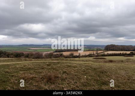 Badbury Rings Iron Age Hill Fort sur un matin nuageux de printemps dans le Dorset Royaume-Uni Banque D'Images