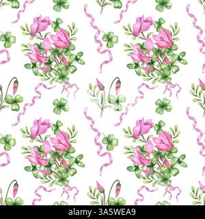 Bouquets de cyclamen rose, feuilles de trèfle et herbes avec ruban rose sans couture motif isolé fond. Illustration aquarelle de fleurs de printemps Banque D'Images