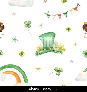 Holiday Saint Patrick jour aquarelle modèle sans couture avec des éléments traditionnels arrière-plan isolé. Chapeau vert avec des fleurs, chaudron avec des pièces d'or Banque D'Images