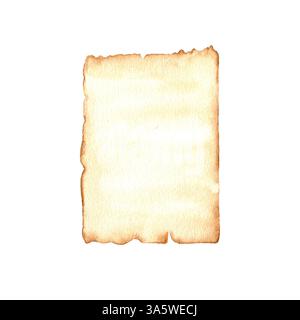 Aquarelle verticale vieux papier avec des bords déchirés illustration arrière-plan isolé. Parchemin jauni vieilli avec espace vide pour le texte manuscrit vintage. Banque D'Images