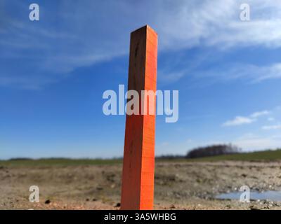 Piquet en bois orange vif sur paysage aride avec ciel bleu. Banque D'Images