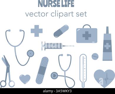 Infirmière médicale icônes Vector Clipart Bundle médecins stéthoscope thermomètre seringue ciseaux pilules. Illustration vectorielle Illustration de Vecteur
