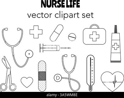 Infirmière médicale icônes Vector Clipart Bundle médecins stéthoscope thermomètre seringue ciseaux pilules. Illustration vectorielle Illustration de Vecteur