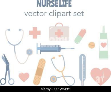 Infirmière médicale icônes Vector Clipart Bundle médecins stéthoscope thermomètre seringue ciseaux pilules. Illustration vectorielle Illustration de Vecteur