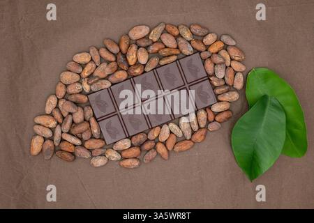 Cacao fruit est conçu à partir de barre de chocolat et de fèves de cacao. Feuilles vertes. Fond de papier de soie de couleur chocolat. Banque D'Images