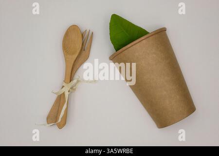 Ustensiles jetables naturels respectueux de l'environnement. Tasse, cuillère, fourchette et copeaux de paille de bois. Technologie durable. Banque D'Images