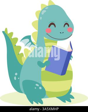 Personnage de dragon heureux lisant un livre sur Saint Jordi vacances illustration vectorielle. Mascotte Kawaii célébrant la Saint-Georges Illustration de Vecteur