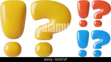 Point d'interrogation et point d'exclamation 3d icônes vectorielles jaune rouge et bleu Illustration de Vecteur