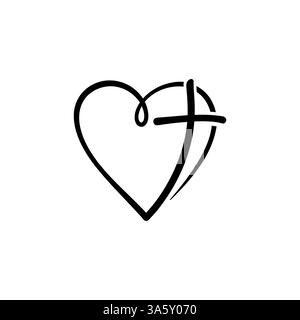 Logo Coeur Christian vecteur avec une croix sur un fond blanc. Dessinés à la main, symbole calligraphique isolés. Icône religion minimaliste. Illustration de Vecteur