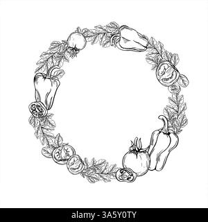 Tomates fraîches, poivrons doux et illustration à l'encre de couronne de persil en noir et blanc. Dessin de gravure de feuilles de salade avec des légumes Illustration de Vecteur