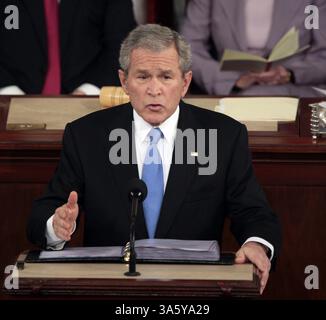 28 janvier 2008 - le président George W. Bush prononce son discours annuel sur l'état de l'Union lors d'une session conjointe du Congrès dans la chambre des représentants des États-Unis, le lundi 28 janvier 2008, à Washington, DC. (Chuck Kennedy/MCT) (crédit image : © Chuck Kennedy/MCT/ZUMAPRESS.com) Banque D'Images