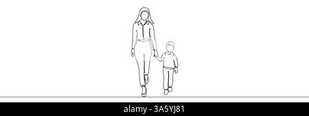 Mère avec son fils enfant qui s'en va. Dessin au trait continu. Illustration vectorielle noir et blanc dans le style de dessin au trait Illustration de Vecteur