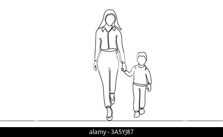Mère avec son fils enfant qui s'en va. Dessin au trait continu. Illustration vectorielle noir et blanc dans le style de dessin au trait Illustration de Vecteur