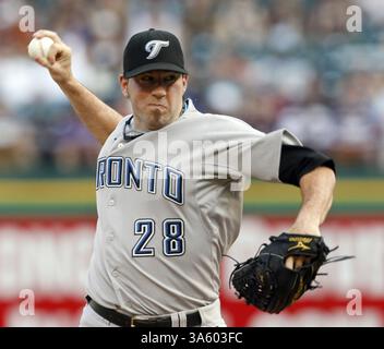 1er août 2008 - le lanceur de départ des Blue Jays de Toronto, Shaun Marcum (28), affronte les Texas Rangers le vendredi 1er août 2008 au Rangers Ballpark à Arlington, au Texas. (Tom Pennington/Fort Worth Star-Telegram/MCT) (image crédit : © Tom Pennington/MCT/ZUMAPRESS.com) Banque D'Images