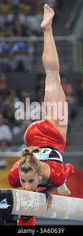 10 août 2008 - Alicia Sacramone, des États-Unis, participe aux épreuves de qualification le dimanche 10 août 2008, lors des Jeux de la XXIXe Olympiade à Beijing, en Chine. (Jeff Siner/Charlotte observer/MCT) (image de crédit : © Jeff Siner/MCT/ZUMAPRESS.com) Banque D'Images