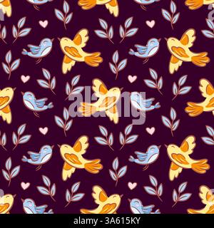Un motif sans couture avec de mignons oiseaux esquissés jumelés à un coeur, symbolisant magnifiquement l'amour. Les branches délicates ornées de feuilles créent un ch Illustration de Vecteur