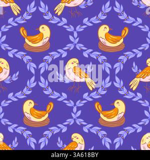 Une illustration vintage mettant en vedette des oiseaux nichés dans un charmant nid parmi les branches d'arbres, sur un motif damassé violet sans couture. Ce beau design Illustration de Vecteur