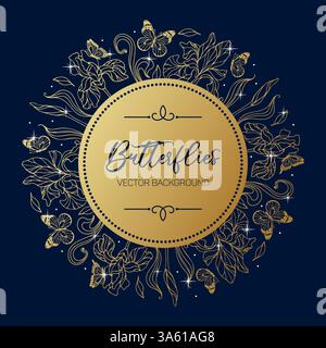 Un cadre rond aux élégants iris dorés entrelacés de délicats papillons et d'étoiles scintillantes crée une combinaison harmonieuse de nature et de caprice Illustration de Vecteur