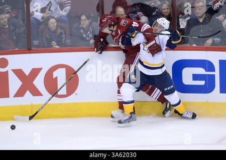 11 décembre 2014 ; Glendale, Arizona, États-Unis ; le centre des Coyotes de l'Arizona Martin Hanzal (11 ans) secoue l'aile gauche des Predators de Nashville Gabriel Bourque (57 ans) lors du match de la LNH entre les Coyotes de l'Arizona et les Predators de Nashville au Gila River Arena à Glendale, Arizona. Joe Camporeale/Cal Sport Media(image crédit : © Joe Camporeale/Cal Sport Media/ZUMAPRESS.com) Banque D'Images