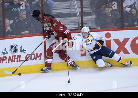 11 décembre 2014 ; Glendale, Arizona, États-Unis ; le centre des Coyotes de l'Arizona Martin Hanzal (11 ans) secoue l'aile gauche des Predators de Nashville Gabriel Bourque (57 ans) lors du match de la LNH entre les Coyotes de l'Arizona et les Predators de Nashville au Gila River Arena à Glendale, Arizona. Joe Camporeale/Cal Sport Media(image crédit : © Joe Camporeale/Cal Sport Media/ZUMAPRESS.com) Banque D'Images