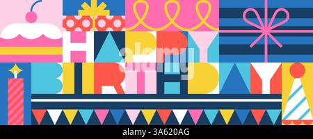 Joyeux anniversaire vacances lettrage. Illustration plate vectorielle de gâteau, drapeaux, boîte cadeau, bougies sur fond arc-en-ciel. Couleur des blocs géométriques de salutation env Illustration de Vecteur