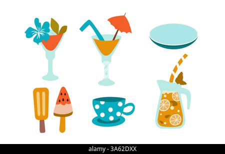 Servi avec cocktails d'été, limonade rafraîchissante, crème glacée et une tasse. Illustration de Vecteur