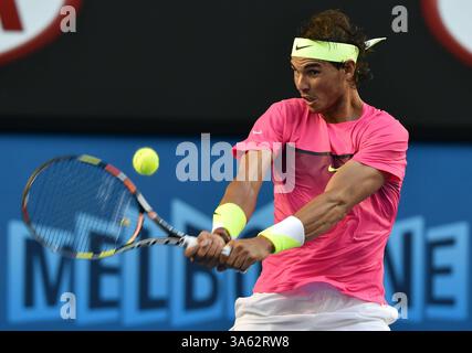 21 janvier 2015 - Melbourne, VICTORIA, AUSTRALIE - L'Espagnol Rafael Nadal en action lors de son match contre l'américain Tim Smyczeck le troisième jour de l'Open d'Australie au Rod laver Arena de Melbourne, en Australie. (Crédit image : â© Theo Karanikos/ZUMAPRESS.com (crédit image : © Theo Karanikos/ZUMA Wire) Banque D'Images