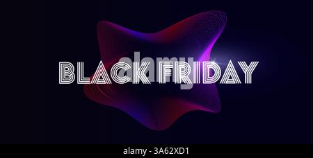 Bannière de solde du vendredi fou avec vagues de néon brillantes et typographie rayée moderne. Arrière-plan futuriste avec des lignes de mélange de gradient vibrantes. Parfait Illustration de Vecteur
