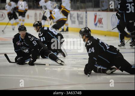 11 février 2015 : Austin Watson (51) des Milwaukee Admirals, Jaynen Rissling (81) des Milwaukee Admirals et Zach Budish (24) des Milwaukee Admirals lors de l'entraînement avant le match de la Ligue américaine de hockey entre les Wolves de Chicago et les Admirals de Milwaukee à l'Allstate Arena de Rosemont, Illinois. Patrick Gorski/CSM(image crédit : © Patrick Gorski/Cal Sport Media/ZUMAPRESS.com) Banque D'Images