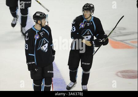 11 février 2015 : Taylor Aronson (23 ans) des Milwaukee Admirals et Viktor Arvidsson (33 ans) des Milwaukee Admirals se parlent pendant le match de la Ligue américaine de hockey entre les Wolves de Chicago et les Admirals de Milwaukee à l'Allstate Arena de Rosemont, Illinois. Patrick Gorski/CSM(image crédit : © Patrick Gorski/Cal Sport Media/ZUMAPRESS.com) Banque D'Images