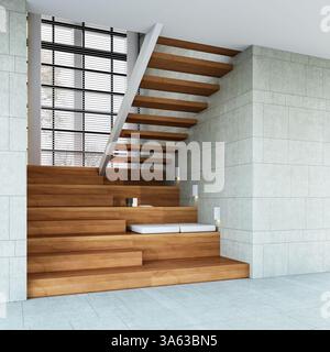 Intérieur de l'escalier en bois moderne, rendu 3D. Banque D'Images