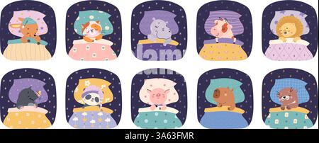 Les animaux se couchent. Animal de dessin animé dormir dans le lit avec oreiller et couverture. Drôle chat panda lion hippopotame taupe doux rêves. Dormir de nos jours personnages vectoriels Illustration de Vecteur