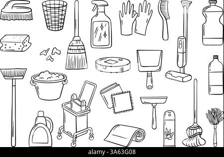 Icônes du service de nettoyage. Aspirateur, différents balais et pelle, brosses éponges, tissu et serviettes. Clipart vectoriel néotérique domestique Illustration de Vecteur