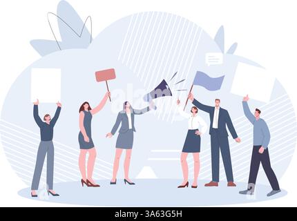 Personnages de démonstration émotionnelle. Rassemblement, grève, manifestation, gens avec mégaphone, bannières, pancartes et drapeau. Scène de vecteur de troubles de personnes Illustration de Vecteur