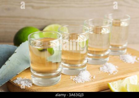 Coups de tequila avec du sel, des citrons verts et des feuilles d'agave sur la table, gros plan Banque D'Images