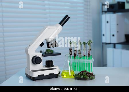 Biochimie. Microscope, verrerie avec des liquides et des plantes sur table blanche en laboratoire Banque D'Images
