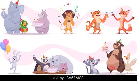 Animaux d'anniversaire. Animaux sauvages de bande dessinée joyeux sourire avec gâteau et cadeaux images de concept de fête de vecteur exact Illustration de Vecteur