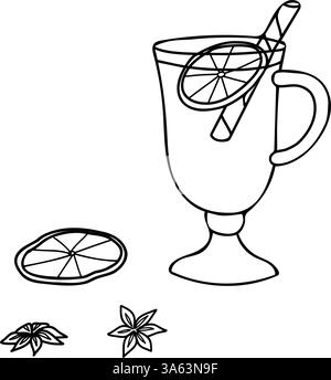 Verre à vin chaud ou gluhwein avec tranches d'orange séchées et étoiles d'anis. Illustration d'esquisse vectorielle dessinée à la main en noir et blanc dans le style Doodle Illustration de Vecteur
