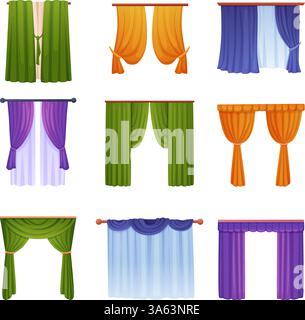 Rideaux de dessins animés pour fenêtres. Textile de maison pour la décoration des fenêtres, divers rideaux et tulle, portier, lambrequin. Cuisine salon intérieur de nos jours Illustration de Vecteur