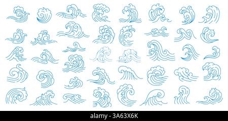 Mer Océan icônes asiatiques japonaises et chinoises des vagues. Vagues graphiques d'art de ligne vectoriel avec motif oriental vintage d'éclaboussures d'eau bleue et de tourbillons. Plages asiatiques de surf, tsunami océanique ou icônes de tempête Illustration de Vecteur