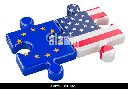 Les États-Unis et l'UE énigmes des drapeaux, concept de relation. Rendu 3D isolé sur fond blanc Banque D'Images