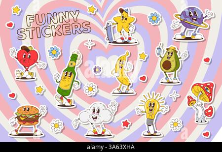 Pack d'autocollants de personnages groovy de dessin animé. Vecteur rétro y2k coeur, étoile et planète, banane, bouteille de bière, hamburger et champignon amanita. Nuage, ampoule et avocat aux expressions funky et ludiques Illustration de Vecteur