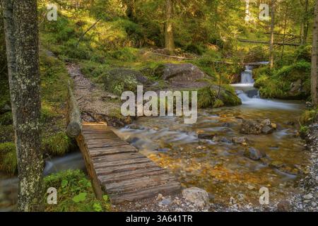 Vue d'un pont en bois traversant un torrent Fuerth avec une petite cascade en arrière-plan Banque D'Images