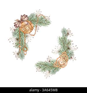 Branches de sapin avec arc brun, herbe, chaînes, boule et engrenages illustration aquarelle. Plantes forestières pour l'hiver, Noël et le décor du nouvel an. Isolé Banque D'Images