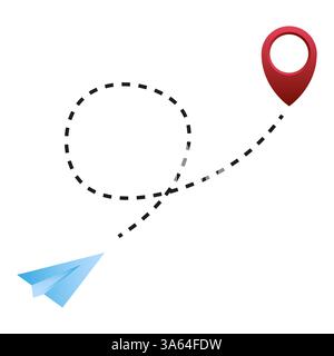 Vol d'avion en papier. Chemin de routage en pointillés. Broche de positionnement rouge. Vecteur de direction de déplacement. Illustration de Vecteur